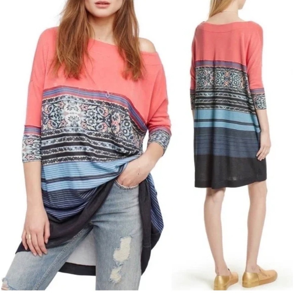 Free People Coral Boho Mixed Print Drop Shoulder Tunic knit 3/4 sleeve dress M